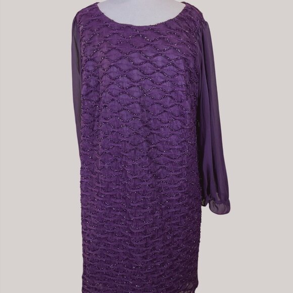 Connected Apparel Chiffon Sleeve Deep Purple Glitter Trim Evening Dress 16W NWT - Picture 1 of 9